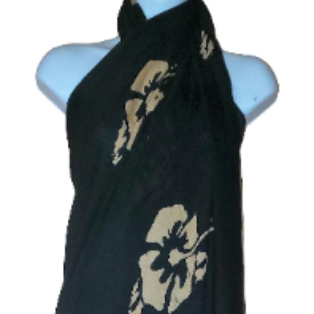 Plus Size Hawaiian BLACK Hibiscus Sarong Pareo Luau Cruise Wrap Dress